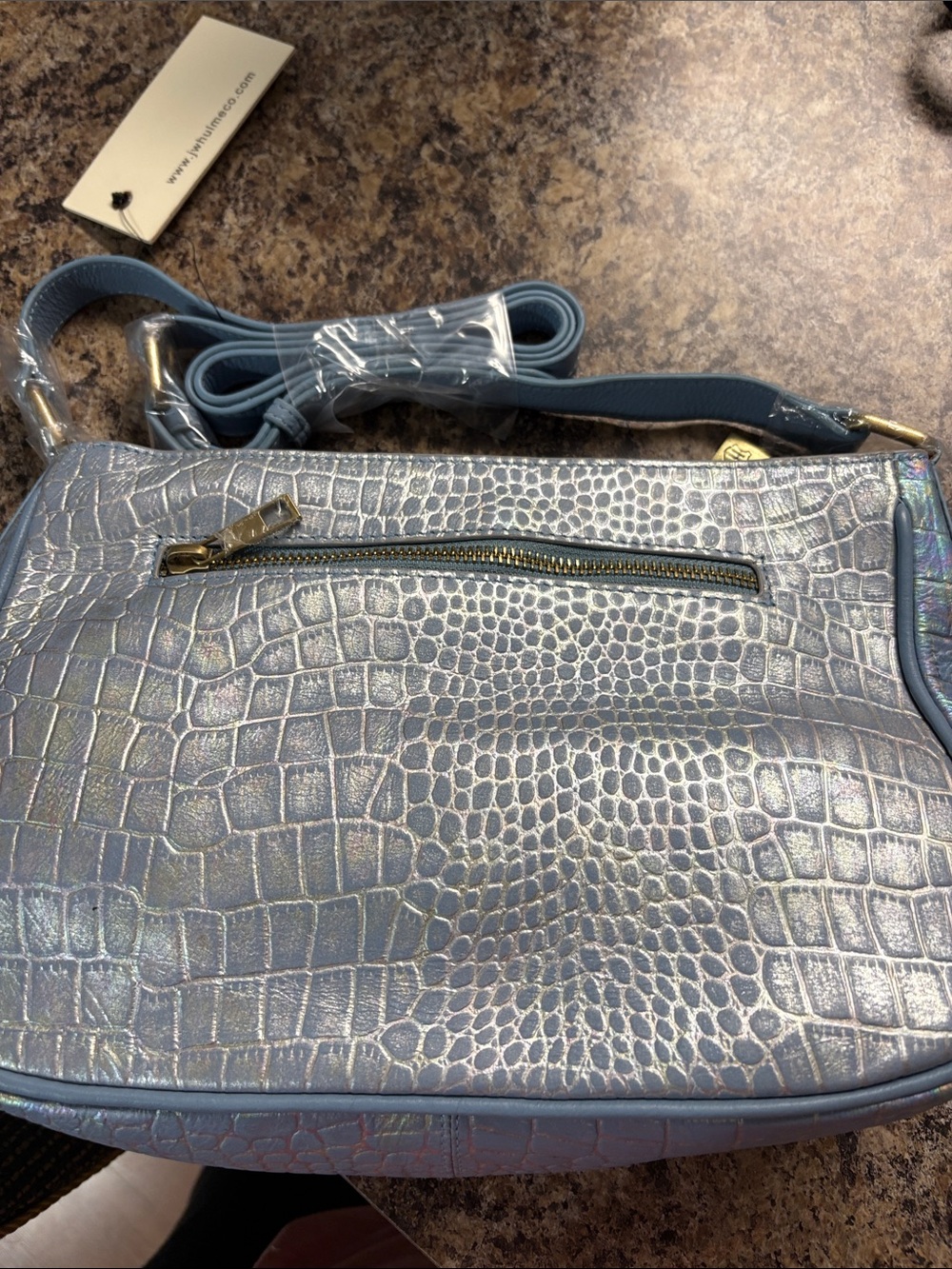Metallic Blue Croc-Embossed Crossbody Bag - Picture 3 of 4